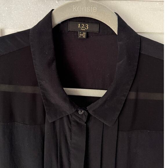 1.2.3. PARIS 100% Silk Tuxedo Style Button Front Blouse Top Long Sleeve Black 14 - Picture 5 of 9
